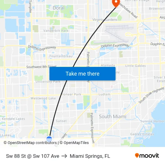 Sw 88 St @ Sw 107 Ave to Miami Springs, FL map