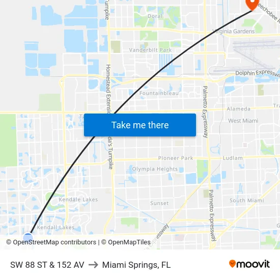 Sw 88 St & 152 Av to Miami Springs, FL map