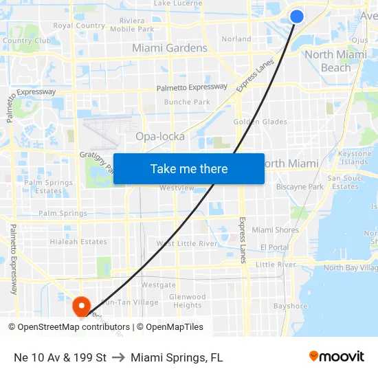 Ne 10 Av & 199 St to Miami Springs, FL map