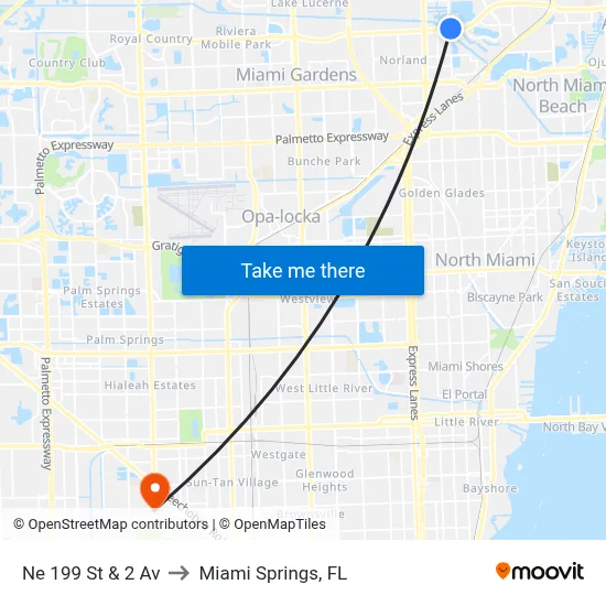 Ne 199 St & 2 Av to Miami Springs, FL map