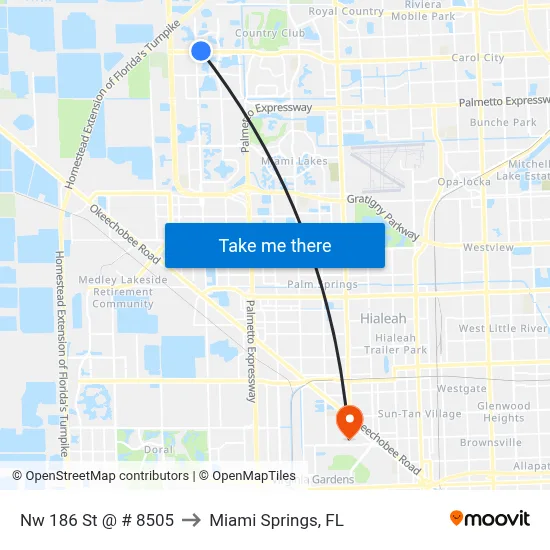 Nw 186 St @ # 8505 to Miami Springs, FL map