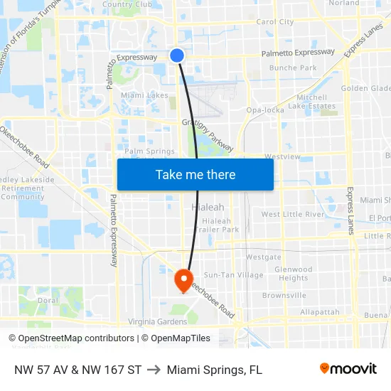 Nw 57 Av & Nw 167 St to Miami Springs, FL map