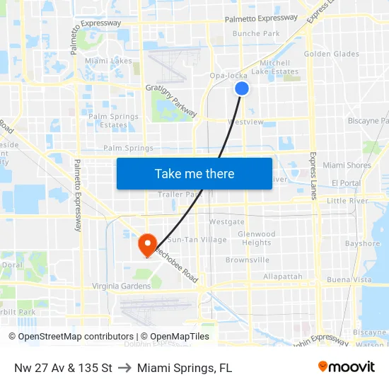 Nw 27 Av & 135 St to Miami Springs, FL map