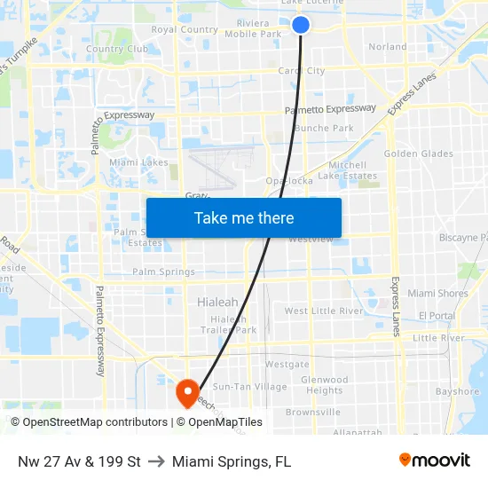 Nw 27 Av & 199 St to Miami Springs, FL map
