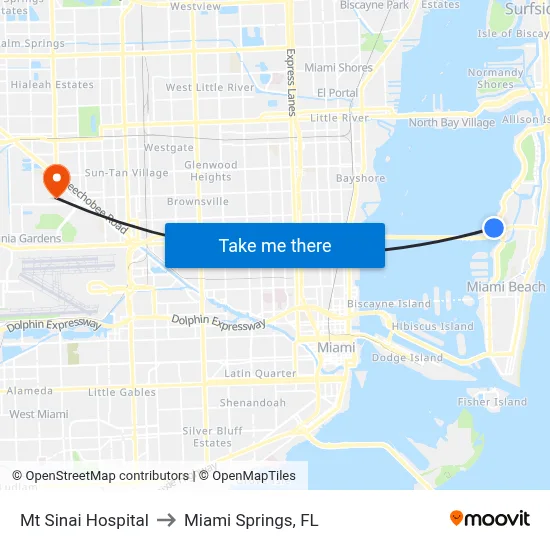 Mt Sinai Hospital to Miami Springs, FL map