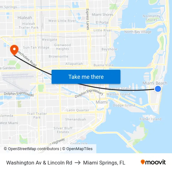 Washington Av & Lincoln Rd to Miami Springs, FL map