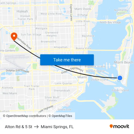 Alton Rd & 5 St to Miami Springs, FL map