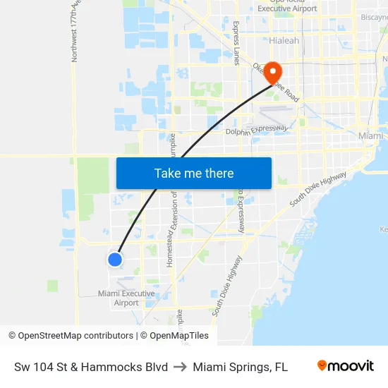 Sw 104 St & Hammocks Blvd to Miami Springs, FL map