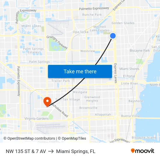 Nw 135 St & 7 Av to Miami Springs, FL map