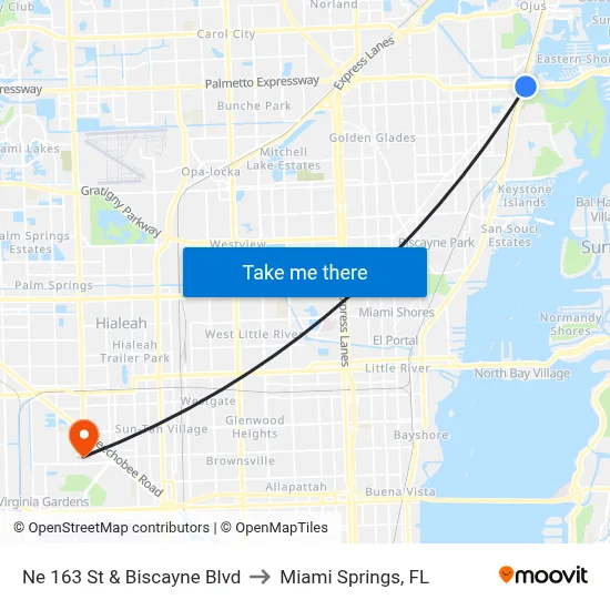 Ne 163 St & Biscayne Blvd to Miami Springs, FL map
