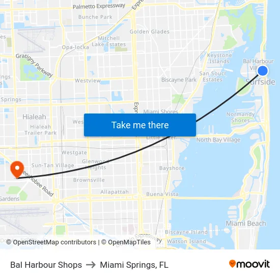 Bal Harbour Shops to Miami Springs, FL map