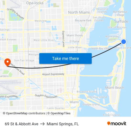 69 St & Abbott Ave to Miami Springs, FL map
