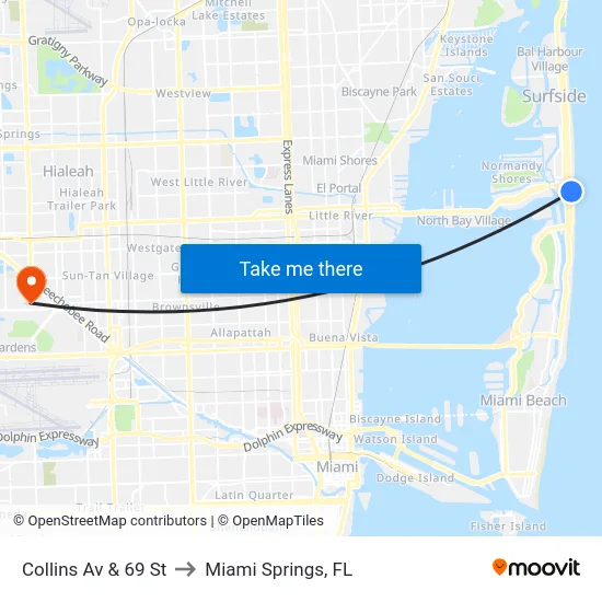 Collins Av & 69 St to Miami Springs, FL map