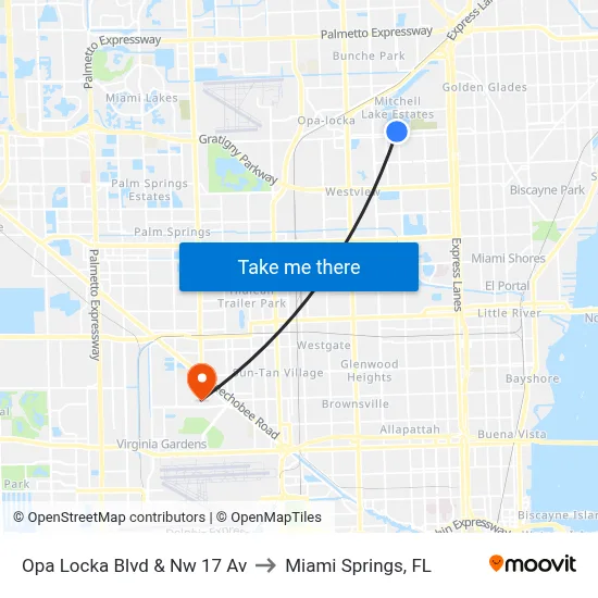 Opa Locka Blvd & Nw 17 Av to Miami Springs, FL map