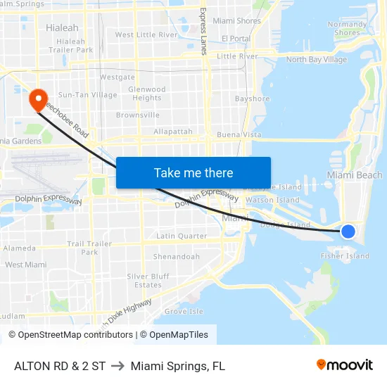 Alton Rd & 2 St to Miami Springs, FL map