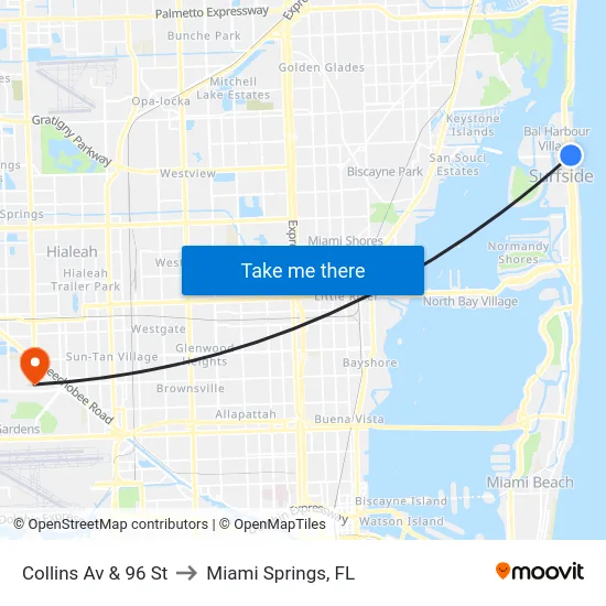 Collins Av & 96 St to Miami Springs, FL map
