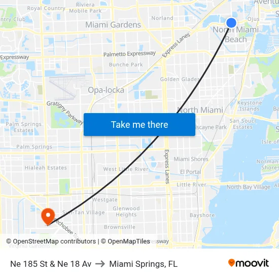 Ne 185 St & Ne 18 Av to Miami Springs, FL map