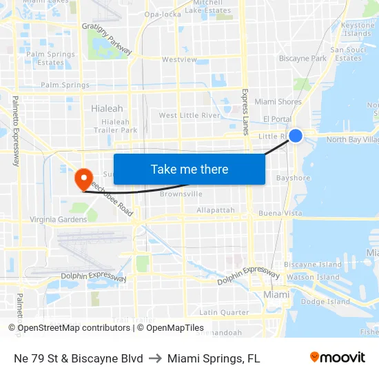 Ne 79 St & Biscayne Blvd to Miami Springs, FL map