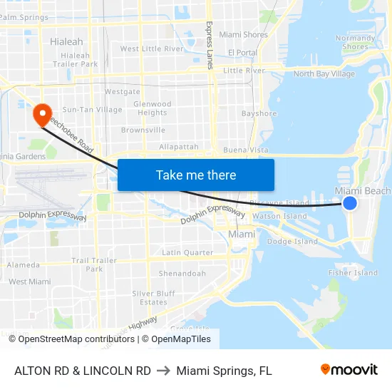Alton Rd & Lincoln Rd to Miami Springs, FL map
