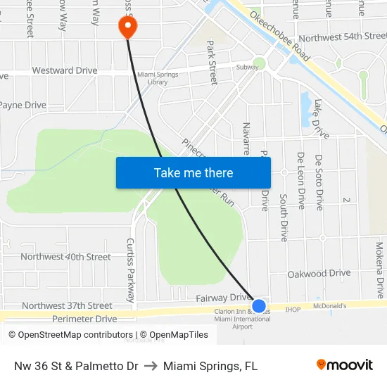 Nw 36 St & Palmetto Dr to Miami Springs, FL map