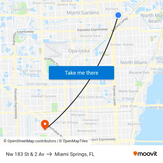 Nw 183 St & 2 Av to Miami Springs, FL map