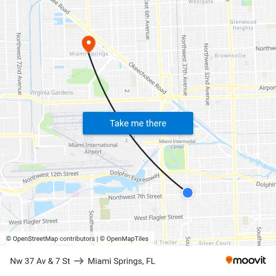 Nw 37 Av & 7 St to Miami Springs, FL map