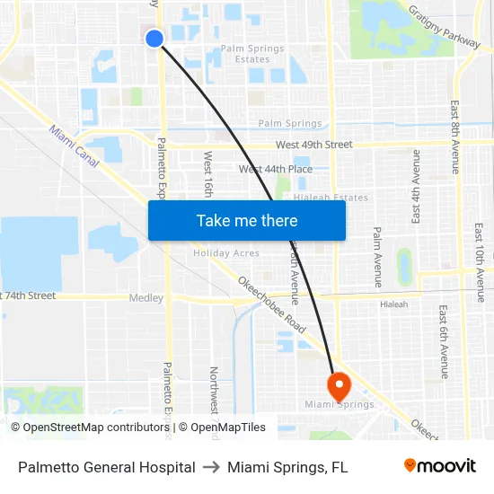 Palmetto General Hospital to Miami Springs, FL map