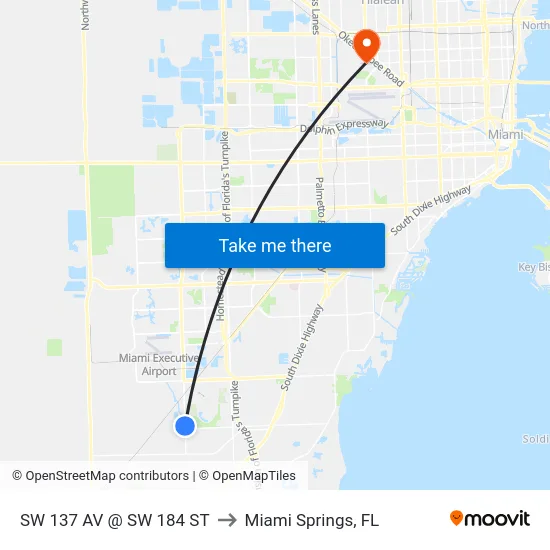 Sw 137 Av @ Sw 184 St to Miami Springs, FL map