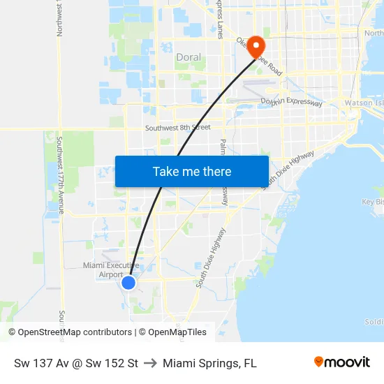 Sw 137 Av @ Sw 152 St to Miami Springs, FL map