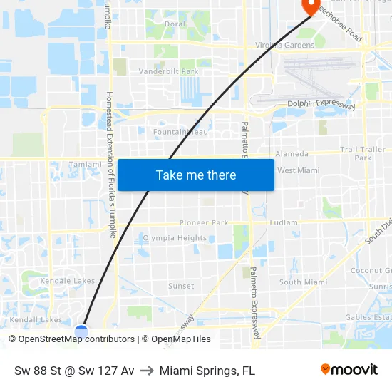 Sw 88 St @ Sw 127 Av to Miami Springs, FL map