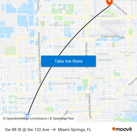 Sw 88 St @ Sw 132 Ave to Miami Springs, FL map