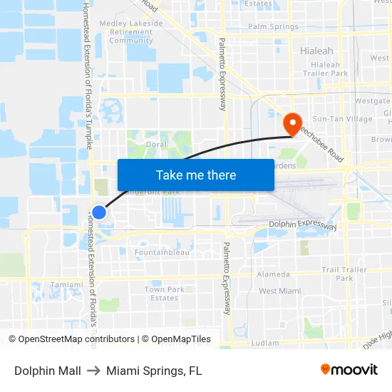 Dolphin Mall to Miami Springs, FL map