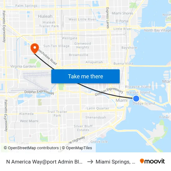 N America Way@port Admin Bldg to Miami Springs, FL map