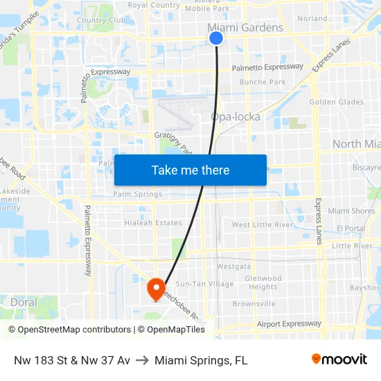 Nw 183 St & Nw 37 Av to Miami Springs, FL map