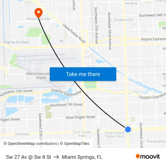 Sw 27 Av @ Sw 8 St to Miami Springs, FL map