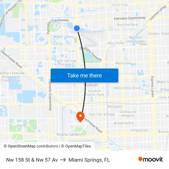 Nw 158 St & Nw 57 Av to Miami Springs, FL map
