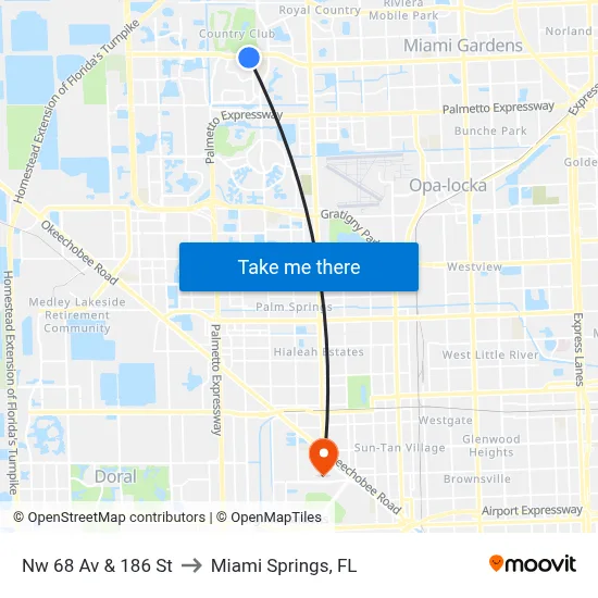 Nw 68 Av & 186 St to Miami Springs, FL map