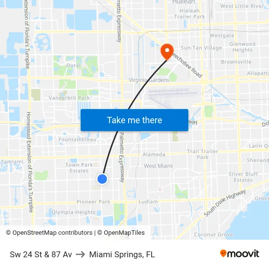 Sw 24 St & 87 Av to Miami Springs, FL map