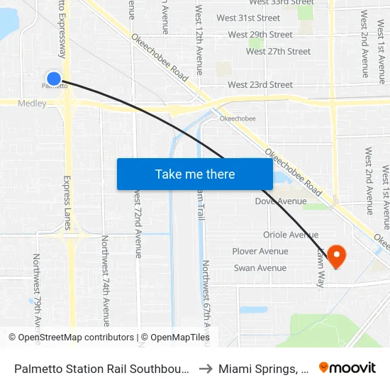 Palmetto Station Rail Southbound to Miami Springs, FL map