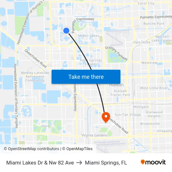 Miami Lakes Dr & Nw 82 Ave to Miami Springs, FL map