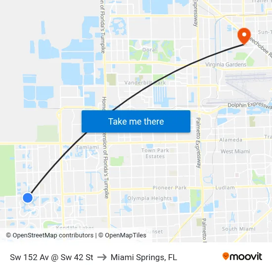 Sw 152 Av @ Sw 42 St to Miami Springs, FL map