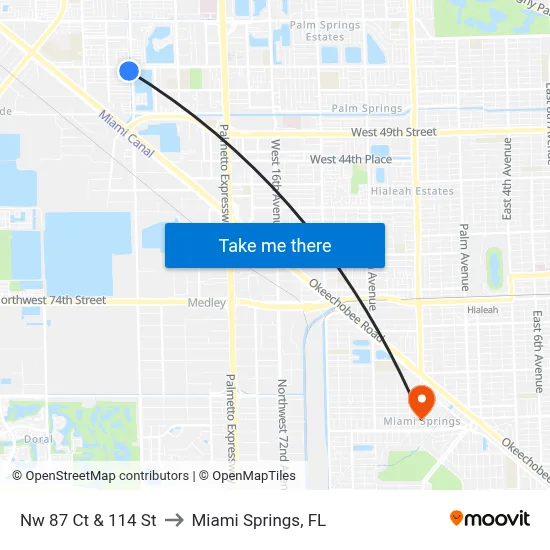 Nw 87 Ct & 114 St to Miami Springs, FL map