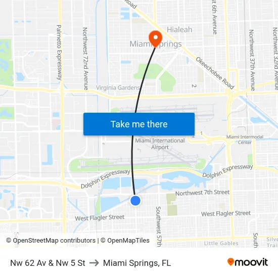 Nw 62 Av & Nw 5 St to Miami Springs, FL map