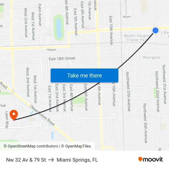 Nw 32 Av & 79 St to Miami Springs, FL map
