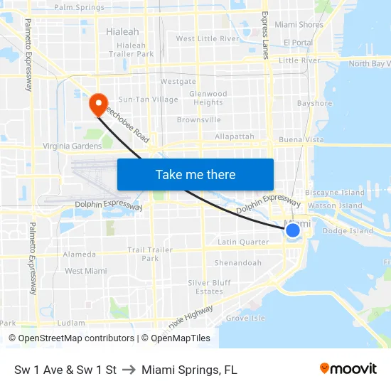 Sw 1 Ave & Sw 1 St to Miami Springs, FL map