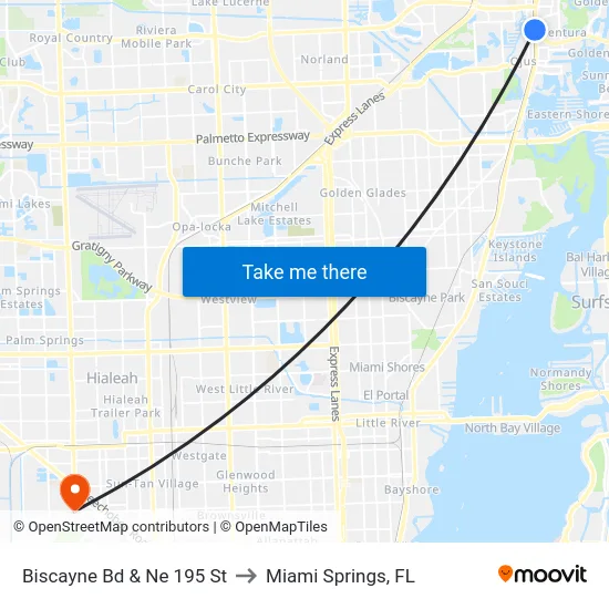 Biscayne Bd & Ne 195 St to Miami Springs, FL map