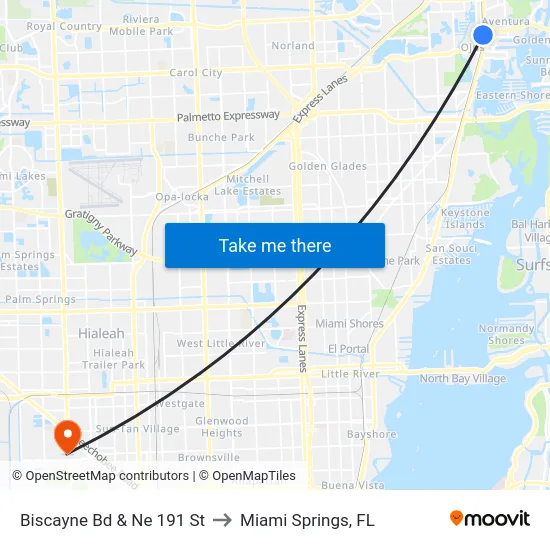 Biscayne Bd & Ne 191 St to Miami Springs, FL map