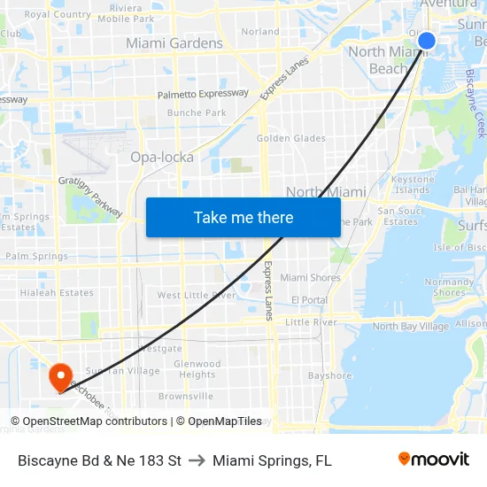 Biscayne Bd & Ne 183 St to Miami Springs, FL map
