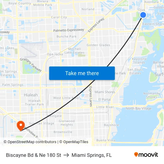 Biscayne Bd & Ne 180 St to Miami Springs, FL map