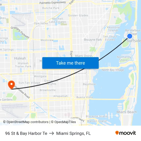 96 St & Bay Harbor Te to Miami Springs, FL map